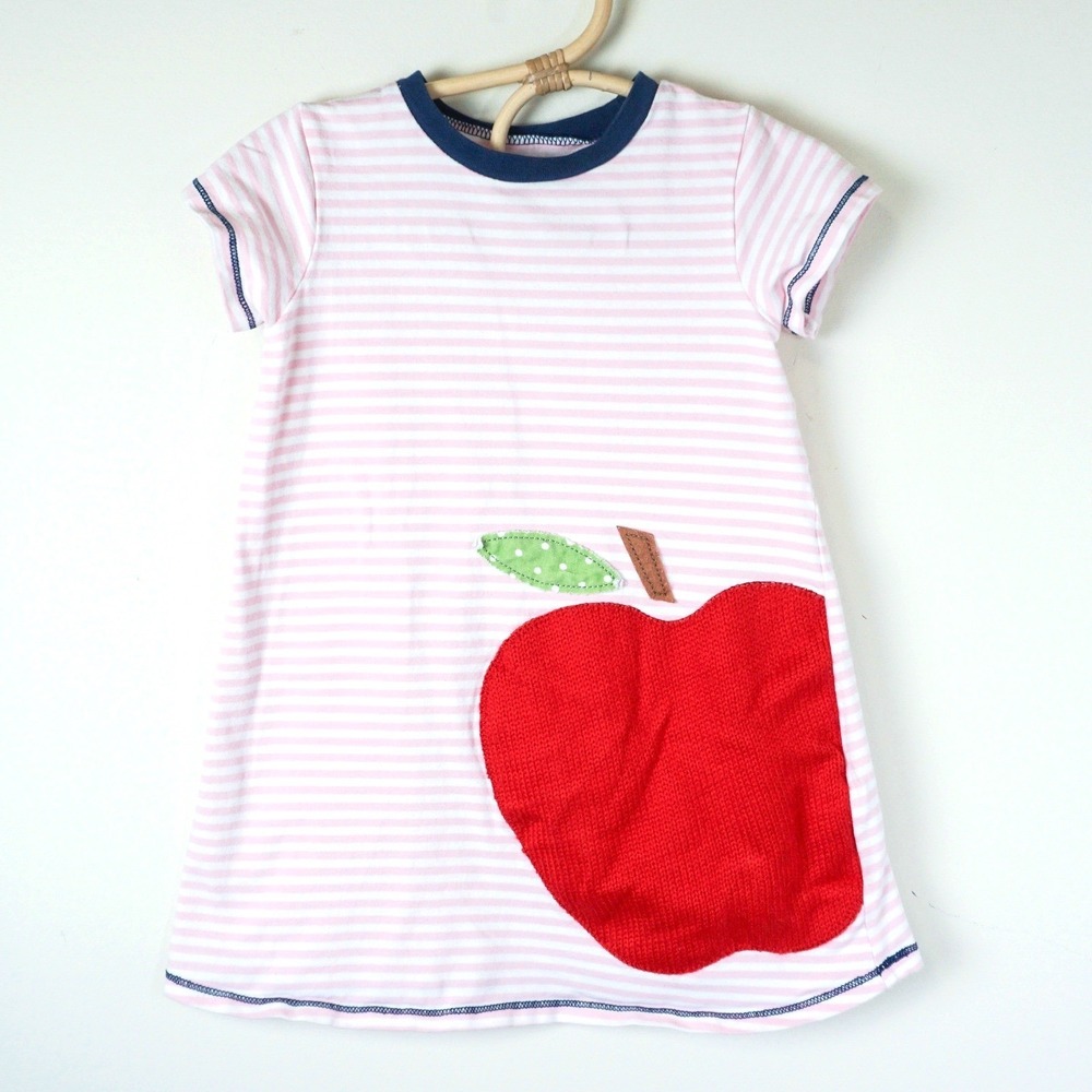 Mud Pie Apple Stripe Dress Kids 2T-3T Pink White Short Sleeve Cotton Knit